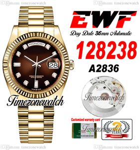 EWF Daydate 36mm 128238 A2836 Otomatik Erkekler Sarı Altın Kahverengi Dial DiAnts Markers Oystersteel Bilezik Aynı Seri Kart Süper Sürümü TimeZoneWatch A1