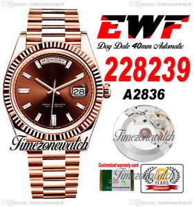 EWF Daydate 40 228235 A2836 Otomatik Erkekler İzle Gül Altın Yivli Çember Kahverengi Baget Elmas Kadran Başkan Bilezik Aynı Seri Kart Süper TimezoneWatch H8