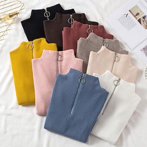 Women's Sweaters Elegant Spring Autumn Women Long Sleeve Turtleneck Knitted Pullover Zipper Lady Elastic Cotton Polyester Chic Coat Tops