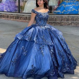 Blaue Quinceanera-Kleider, Rüschen, Perlen, Spitze, Applikation, Korsett, U-Ausschnitt, nach Maß, süße Prinzessin, Geburtstagsfeier, Ballkleid, Vestidos