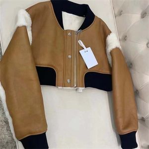 Womens Fur Faux Fur Fashion Women Coat Winter Short Length ONeck Collar Flight Suit Stitching Knitted Material Natural Real Sheep FurJacket 220930