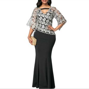 Sukienki na imprezę Sukienki Summer Kobiety 2021 Elegancki V Neck Bankiet Haft Kwiatowy Koronkowy wieczór sukienka Black Fashion Sukienki Maxi T220930