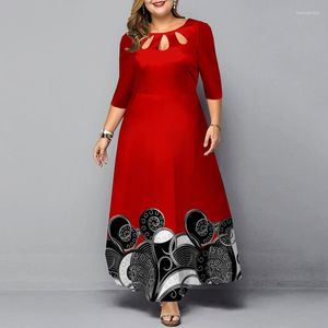 Etnik kıyafet artı boyutu elbise 2022 Sonbahar Zarif Kabile Baskı Uzun Partisi Kadın Seksi O-Neck Out Kırmızı Noel Akşam Kıyafetleri 5xl