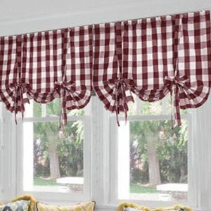 Curtain Kitchen Short Curtains Translucent Lace-up Plaid Blue Red Tulle Window Treatment Door Home Decor