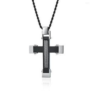 Pendant Necklaces 2022 Wholesale Jewelry Inlaid Cable Stainless Steel Black Wire Rope Cross Necklace Manufacturer For Man