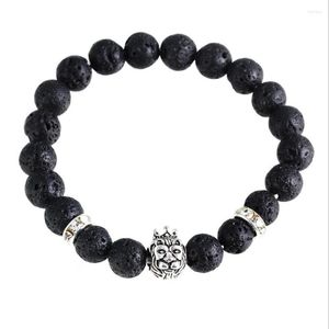 Link Bracelets Wholesale Antique Silver Plated Lion Wears Crown Bracelet Natural Lava Stone Beads Zircon For Men Women