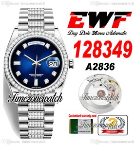 EWFデイデート36mm 128349 A2836自動メンズウォッチダイヤモンドケースブルーダイヤモンドダイヤモンドダイヤモンドオイスタースチールブレスレット同じシリアルカードスーパーエディションタイムゾーンウォッチD4