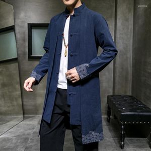 Rów męskich płaszcza mrgb sprężyna/jesienna kurtka bawełniana lniana w stylu chińska nadruk tang garnitur Hanfu średniej długości wiatrówki duży płaszcz