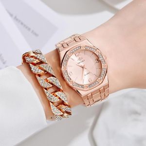 Avanadores de pulso Ladies Watch 2022 Fashion Luxury Simple Diamond Steel Band Big Dial Dial Quartz Bracelet Set
