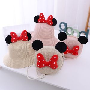 Berets Baby Cartoon Lovely Straw Hat With Mouse Ear Summer 2pcs Set Sun Hats And Bags Kid Children Beach Party Visor Cap