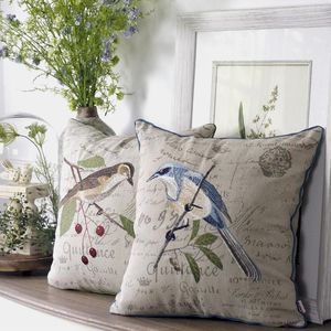 Kudde broderi fågel bomull och linne high-end blå brun soffa täcker dekorativa kuddar fall vardagsrum bondgård heminredning