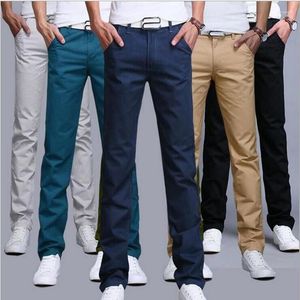 Herrbyxor 2022 Design Casual Men Cotton Slim Pant Straight Trousers Fashion Business Solid Sky Blue Black 28-38