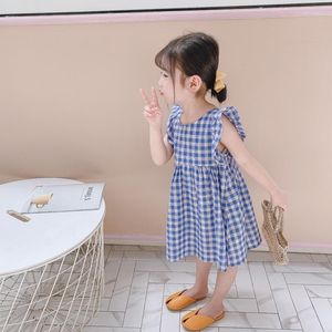 女の子のドレス夏のドレス幼児の子供の赤ちゃんかわいい誕生日青い格子縞の肩のフリルパーティースカート服