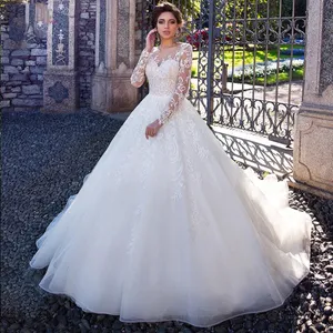 Glitzernde Ballkleid-Hochzeitskleider 2023, lange Ärmel, luxuriöse, glitzernde, rückenfreie arabische Brautkleider mit langem Zug, Vestidos de Novia Robe Mariee