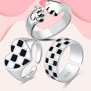 Cluster Rings 2022 Trend Cool Black White Grid Band Ring for Women Original 925 Silver Pan Jewelry Gift