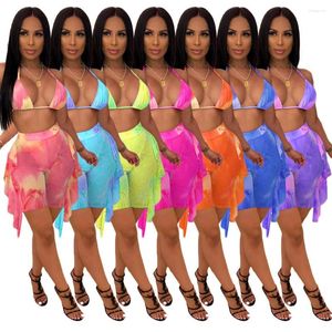 Women's Tracksuits Chiclover Summer Swimming Suit For Women Wholesale Items Tie Dye Ruffles Two Piece Set Sexy Mesh Shorts Sets Beach