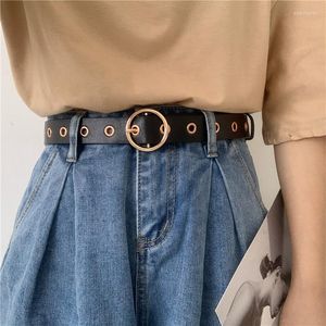 Belts Ladies Round Gold Metal Buckle Belt Female Punk Black Leather Waistband White Strap For Women Pants Jeans Brown