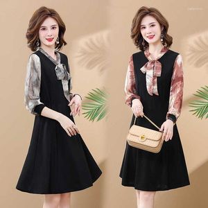 Vestidos casuais Office Lady Lady Spring Autumn Dress Trecy Grow Collar Manga Longa Mulheres Patchwork A-Line Elegant vestidos xl-5xl