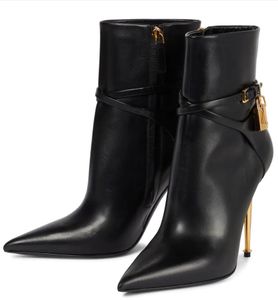 Women ankle boot winter boots pointy toe and gold heeled Tom-f-boot Padlock leather ankles boots black calf leathers sexy woman dress pump