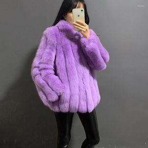 Women's Fur Women's & Faux Rf20144 Real Coat Vertical Stripes With Stand Collar Purple White