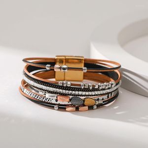 Link Bracelets Leather For Women Multilayer Niche Leaf Design Ethnic Wind Magnetic Buckle Bracelet Jewelry Gifts