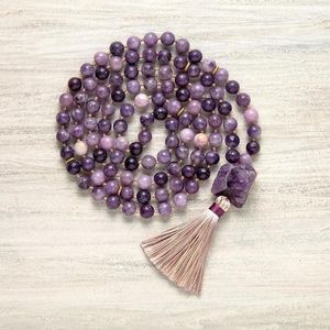 Cadenas Bobas de oración de lepidolita 108 Mala Collar Regalos de yoga Meditación Tassel para mujeres joyas anudadas hechas a mano