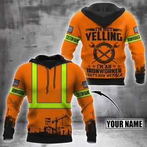 Felpe con cappuccio da uomo Personalizzate Ironworker Safety Arancione Nome personalizzato Felpa con cappuccio 3D Felpa da uomo Streetwear Zip Pullover Giacca casual Tuta-991