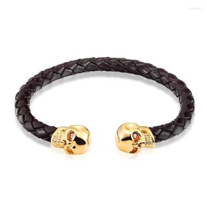 Link Bracelets Selling Fashion Braided Leather Stainless Steel Gold Skull Bracelet Punk Wrap Women Men Homens Pulseira