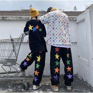 Мужские брюки мужская уличная одежда Hio Hio Men Men Margy Jeans Black Star Alphabet Graffiti свободные повседневные приливные брюки с приливом к ногу