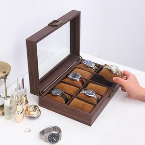 Titta på lådor träkorn förvaringslåda för 10 klockor slot trävåghållare fodral armbandsur smycken display arrangör pu läder