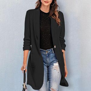 Women's Suits Lapel 3/4 Sleeve Shirring Cuffs Lady Blazer Solid Color Big Pockets Autumn Single Button Mid-Length Office Suit Jacket