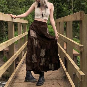 Gonne stampate Boho Retro Cute Party Long Kawaii Holiday Brown Pleated Women Elegant Y2k For