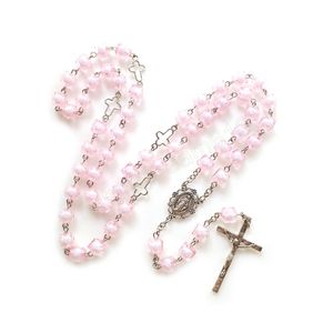 Pink Square Rosary Hollow Cross Pendant Long Beaded Chain Necklaces For Men Women