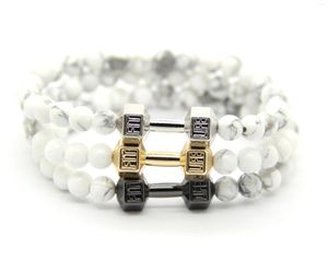 Strand Ailatu Men's Gift Fashion Dumbell Charm Bracelet Made By 6mm Natural White Howlite Beads With Alloy Metal Fitness Dumbbell