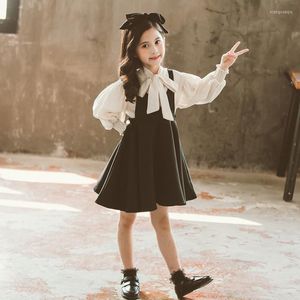 Girl Dresses Luxury Princess Dress Sets For Girls Boutique Khaki Bow Blouse And Black Vest Design 4 To 14 Years Kids Formal Clothes