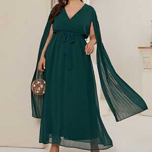 Casual Dresses Deep V-neck Gown Dress High-Waist Evening Flowy Hem Solid Color Long Cape Sleeve Waist Straps Maxi Female Clothes
