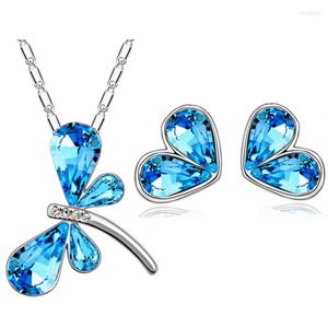 Halsband örhängen set österrikisk kristall dragonfly hjärta hänge mode flicka droppe toppkvalitet märke design