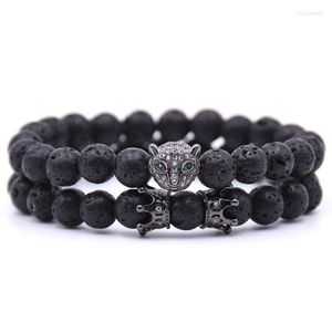 Strand 8MM Black Beaded Leopard Head Zirconia Crown And Bar Charm Bracelet Men's Stone Bead Valentine Jewelry