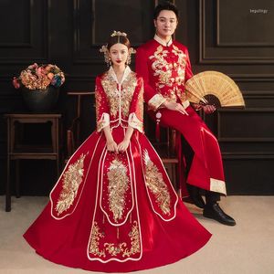 Vestuário étnico 2022 Chegada Oriental Lantejoulas Miçangas Bordado Cheongsam Vermelho Qipao Estilo Tradicional Chinês Vestido de Noiva