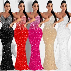 Abiti da festa SUJYing Nuova moda donna Sexy discoteca Hot Drill Nail Bead Bretella Abito da festa lungo Abiti da donna eleganti T220930