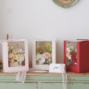 Confezione regalo 5 pezzi Scatola di carta da imballaggio per bouquet portatile Scatola di plastica trasparente per finestra Composizione floreale Imballaggio regalo di San Valentino