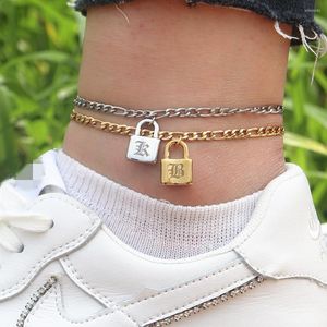 Anklets Gold Silver Padlock Charm A-Z Old English Letter Ankle Armband Inledande benkedja Bijoux f￶r kvinnor m￤n bff smycken