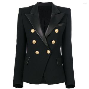 Damenanzüge 2022 Frühling Herbst Hochwertige Frauen Zweireiher PU-Lederkragen Schlanker schwarzer Blazer OL Formale klassische Mini-Blazer