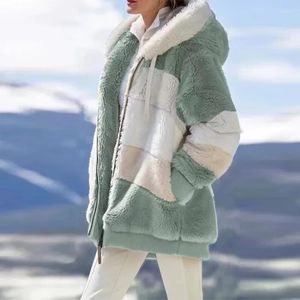여자 모피 겨울 플러스 사이즈 S-5XL 여성 코트 긴 슬리브 플러시 따뜻한 재킷 여성 후드 지퍼 패치 워크 야외 캐주얼 암컷 옷