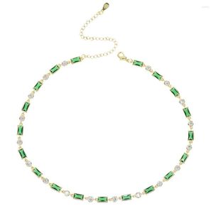 Chains Geometric Baguette Round Cubic Zirconia Cz Station Link Chain Red Green Stone Choker Short Women Necklace Fashion