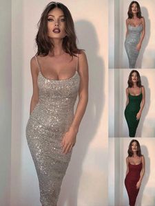 Sukienki imprezowe Rozdziela się Teger 2022 Nowy moda cekinowa pasek spaghetti seksowna bez pleców bodycon midi sukienka dla kobiet wieczorne imprezy 9012 T220930