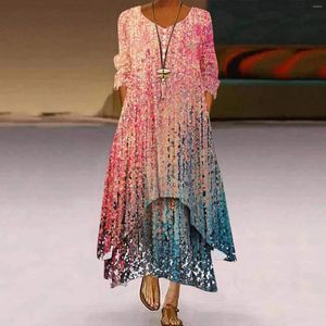 Casual Dresses Women Elegant O-Neck Long Party Dress Boho Print Three Quarter Sleeve Maxi med fickor Lady Loose Beach sundress