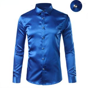 Men's Casual Shirts Luxury Royal Blue Satin Shirt Men Crystal Button Dress Mens Long Sleeve Wedding Prom Tuxedo