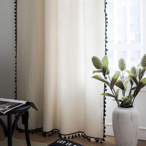 Cortina 1pcs corea algodão linho cortinas brancas para janelas de quarto de sala de estar com borla preta por porta de cozinha decoração