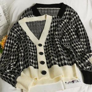 Women's Knits Women's & Tees V Neck Women Button Black Houndstooth Cardigan 2022 Long Sleeve Sweater Autumn Winter Knitted Loose Jumper